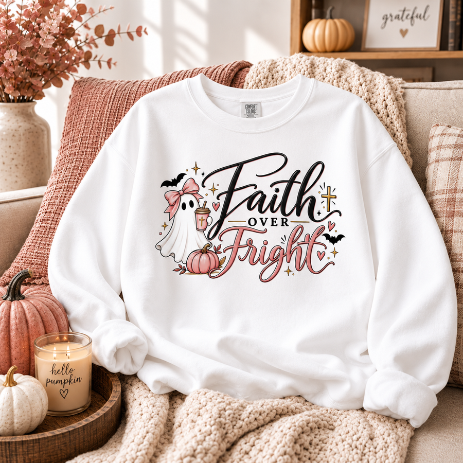 Faith Over Fright Crewneck Sweatshirt – Cute Christian Halloween Ghost Design