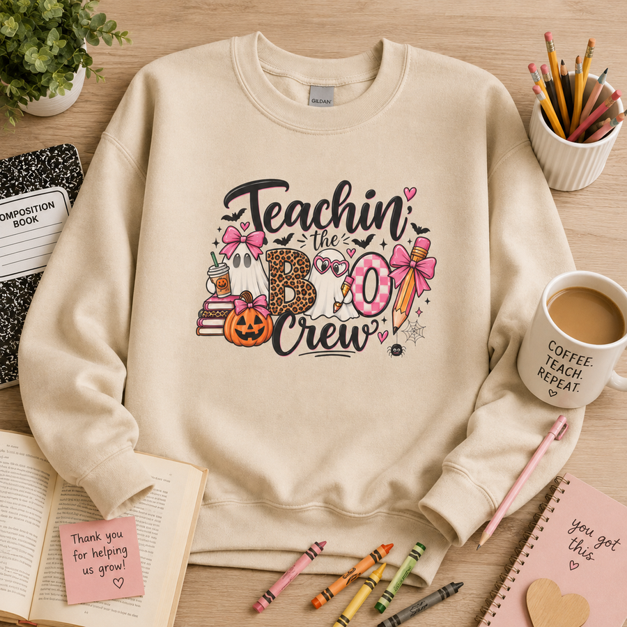"Teachin' the Boo Crew" Sweatshirt — Cute Teacher Pumpkin Crewneck
